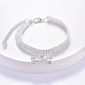 Necklace Cat Dog Three Row Rhinestone Zircon Bone Ornament Pet Collar - Silver - M