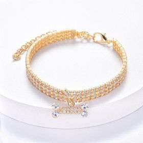 Necklace Cat Dog Three Row Rhinestone Zircon Bone Ornament Pet Collar - Golden - S