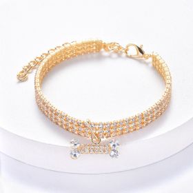 Necklace Cat Dog Three Row Rhinestone Zircon Bone Ornament Pet Collar - Golden - M