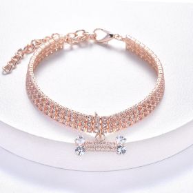 Necklace Cat Dog Three Row Rhinestone Zircon Bone Ornament Pet Collar - Rose Gold - S