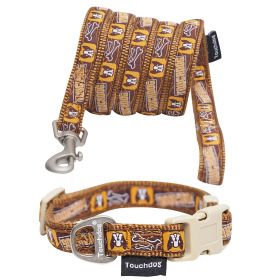 Touchdog 'Caliber' Designer Embroidered Fashion Pet Dog Leash And Collar Combination - Brown Pattern - Medium