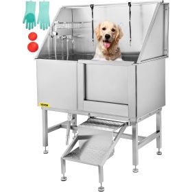 VEVOR 50 Inch Dog Grooming Tub Professional Stainless Steel Pet Dog Bath Tub with Steps Faucet & Accessories Dog Washing Station Right Door - Default