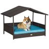 Wicker Dog House Elevated Raised Rattan Bed for Indoor/Outdoor with Removable Cushion Lounge, Blue - as Pic