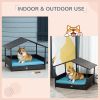 Wicker Dog House Elevated Raised Rattan Bed for Indoor/Outdoor with Removable Cushion Lounge, Blue - as Pic