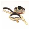 Flower Print Pet Dog Collar Leash Set For Small Medium Dogs Leather - L - Black